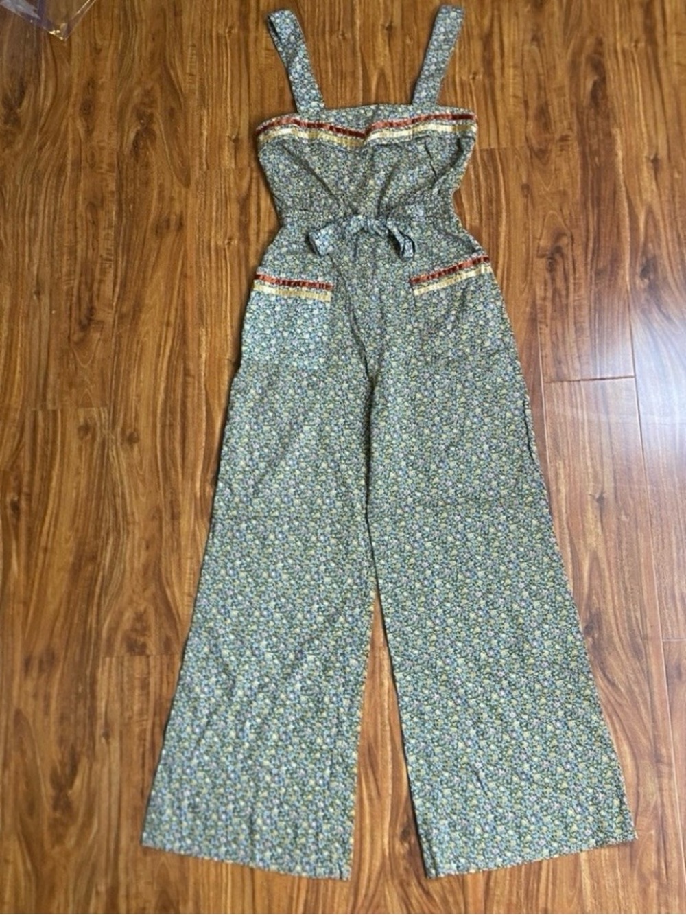 Vintage Young Eduardian by Arpeja Womens Green Floral Wide Leg Jumpsuit XS Boho